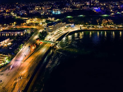 Night over Torbay Road and Torre Abbey Sands from a drone