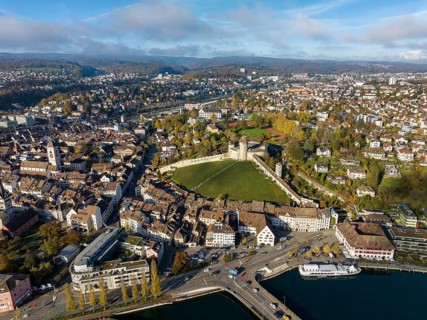 Aerial view of the town of Schaffhausen with the Munot town fortress