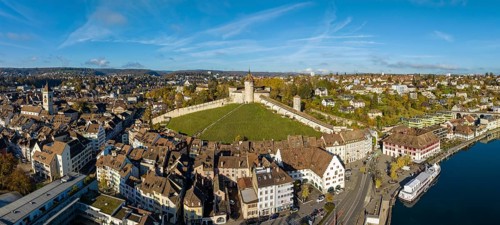 Aerial view of the town of Schaffhausen with the Munot town fortress