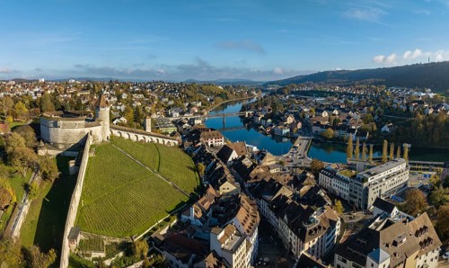 Aerial view of the town of Schaffhausen and Feuerthalen with the Munot town fortress