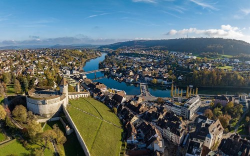 Aerial view of the town of Schaffhausen and Feuerthalen with the Munot town fortress