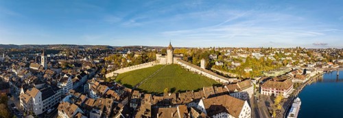 Aerial view of the town of Schaffhausen with the Munot town fortress