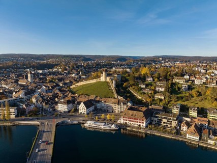 Aerial view of the town of Schaffhausen with the Munot town fortress