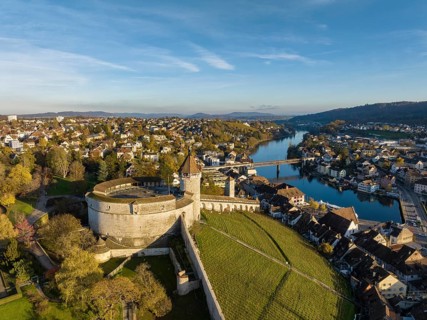 Aerial view of the town of Schaffhausen with the Munot town fortress