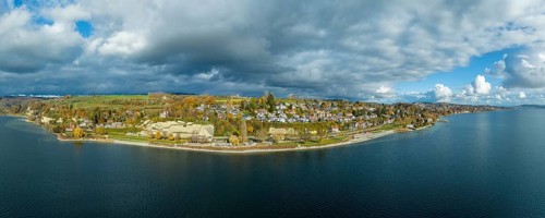 Aerial view of Goldbach near Ueberlingen on Lake Constance with the newly designed lakeside promenade