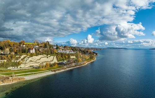 Aerial view of Goldbach near Ueberlingen on Lake Constance with the newly designed lakeside promenade
