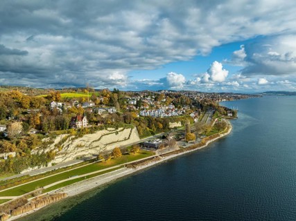 Aerial view of Goldbach near Ueberlingen on Lake Constance with the newly designed lakeside promenade