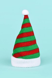 Striped green and red Santa hat on blue background