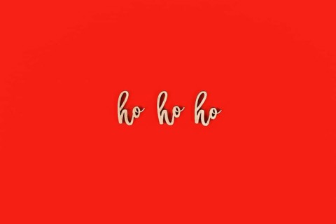 Seasonal Christmas wooden letters forming words 'ho ho ho' on red background
