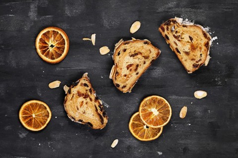 Top view of slice of German Stollen cake