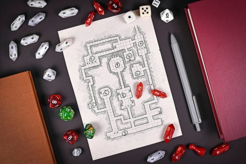 Tabletop role playing flat lay with RPG game dices