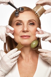 Portrait of a beautiful elderly woman in a white shirt with classic makeup and blond hair with massage tools in her hands