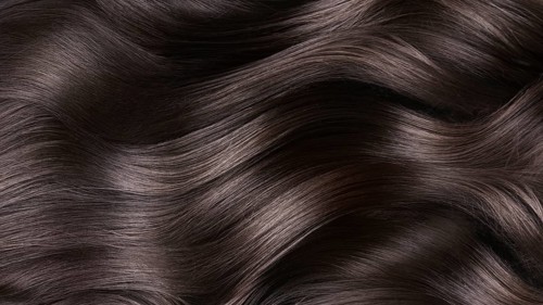 A closeup view of a bunch of shiny curls brown hair