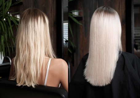Woman before after dyeing her hair. Rear view