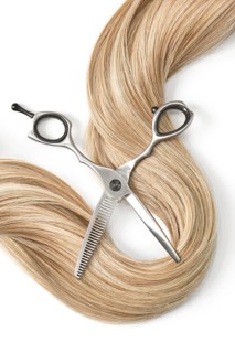 A strand of blond hair with scissors on a white background. Close-up