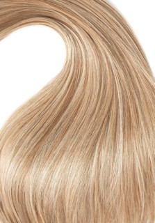 A strand of blond hair on a white background. Close-up