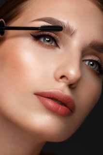 Beautiful girl with sexy lips and classic makeup with cosmetic mascara brush in hand. Beauty face. Photo taken in the studio