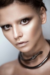 Beautiful girl with art makeup and a fashionable hairdo with decoration in the form of a snake. The beauty of the face. Portrait shot in studio