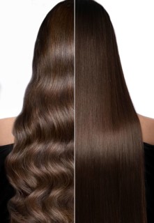 Woman before after curling her hair. Rear view