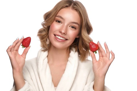 Beautiful tender young girl in a white coat with clean fresh skin posing in front of the camera. Beauty face. Skin care. Photo taken in studio on a white isolate background