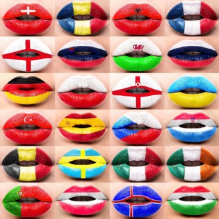 Collection of Female lips close up with a picture flags of europe