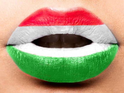 Female lips close up with a picture of the flag of Hungary. White