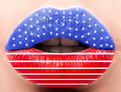 Female lips close up with a picture of the flag of United States of America