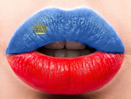Female lips close up with a picture of the flag of Liechtenstein. Blue