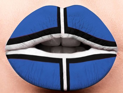 Female lips close up with a picture of the flag of Poland. white