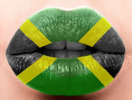 Female lips close up with a picture of the flag of Bangladesh. red