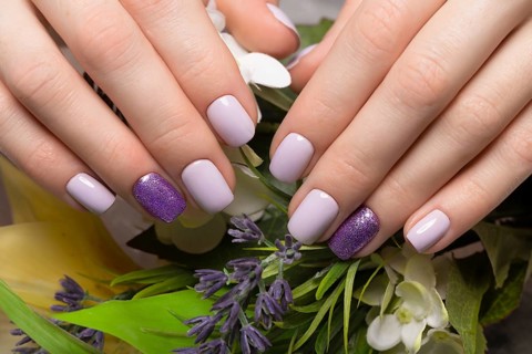 Purple neat manicure on female hands on a background of flowers. Nail design