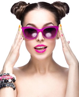 Beautiful girl in pink sunglasses with bright makeup and colorful nails. Beauty face. Picture taken in the studio on a white background