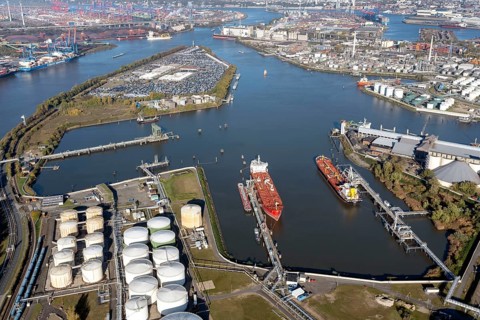 Aerial view of the Blumensandhafen terminal for green ammonia as a basis for hydrogen