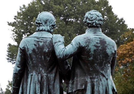 Rear view of double statue Goethe-Schiller monument by Ernst Rietschel