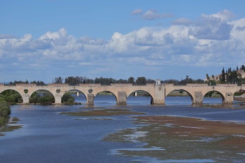 Historic stone arch bridge Puente de Palmas built 15th century over the river Rio Guadiana