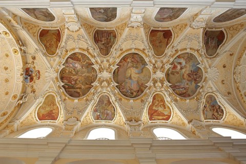 Interior view with ceiling painting of the baroque basilica