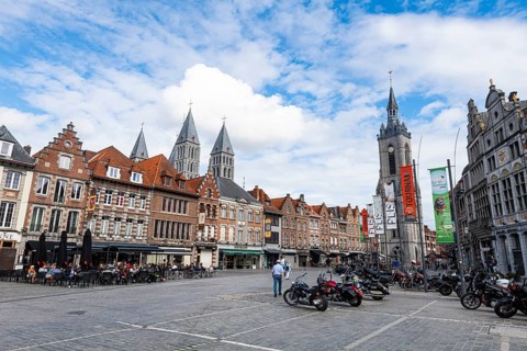 Market square with the Unesco world heritage site Tournai Cathedral