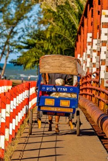 Rickshaw passing a bridge over the Manakara river on the east coast of Madagascar