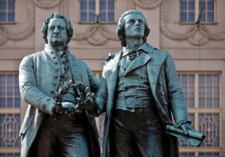 Double statue Goethe-Schiller monument by Ernst Rietschel in front of the German National Theatre