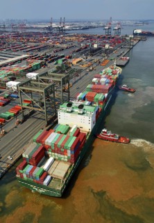 Evergreen Container Ship & Tugs Docking at Terminal