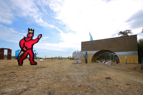 Barbarossa sculpture made of red glass at the German Unity Sculpture Park
