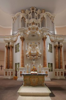 Interior view with organ and chancel of the baroque parish church