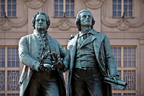 Double statue Goethe-Schiller monument by Ernst Rietschel in front of the German National Theatre