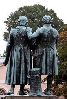 Rear view of double statue Goethe-Schiller monument by Ernst Rietschel