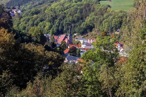 Town of Glashuette with town church of St. Wolfgang in the district of Saechsische Schweiz-Osterzgebirge