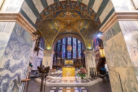 Splendid interior in the Unesco world heritage site the Aachen cathedral