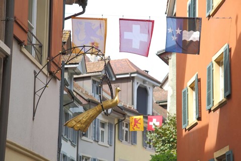 Signboard with golden peacock and flags
