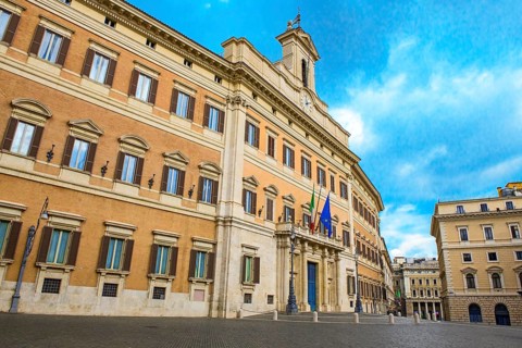 View of Palazzo di Montecitorio seat of the Italian Chamber of Deputies parliament building in the centre of Rome
