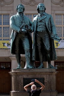Double statue Goethe-Schiller monument by Ernst Rietschel in front of the German National Theatre