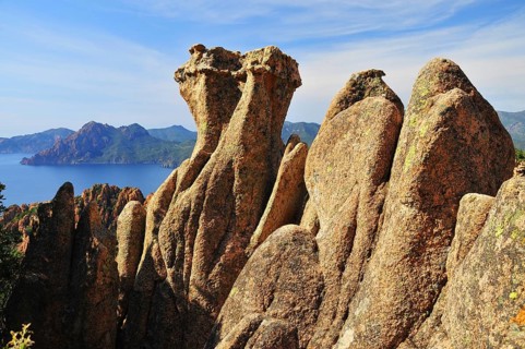 Granite rock formation on the coastal road through the Calanche de Piana in the Corsica nature park Park